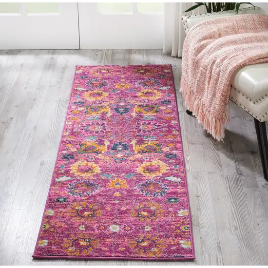 6' Fuchsia Floral Power Loom Runner Rug Photo 5