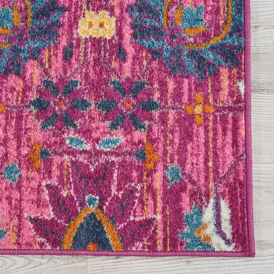 6' Fuchsia And Orange Floral Distressed Runner Rug Photo 6