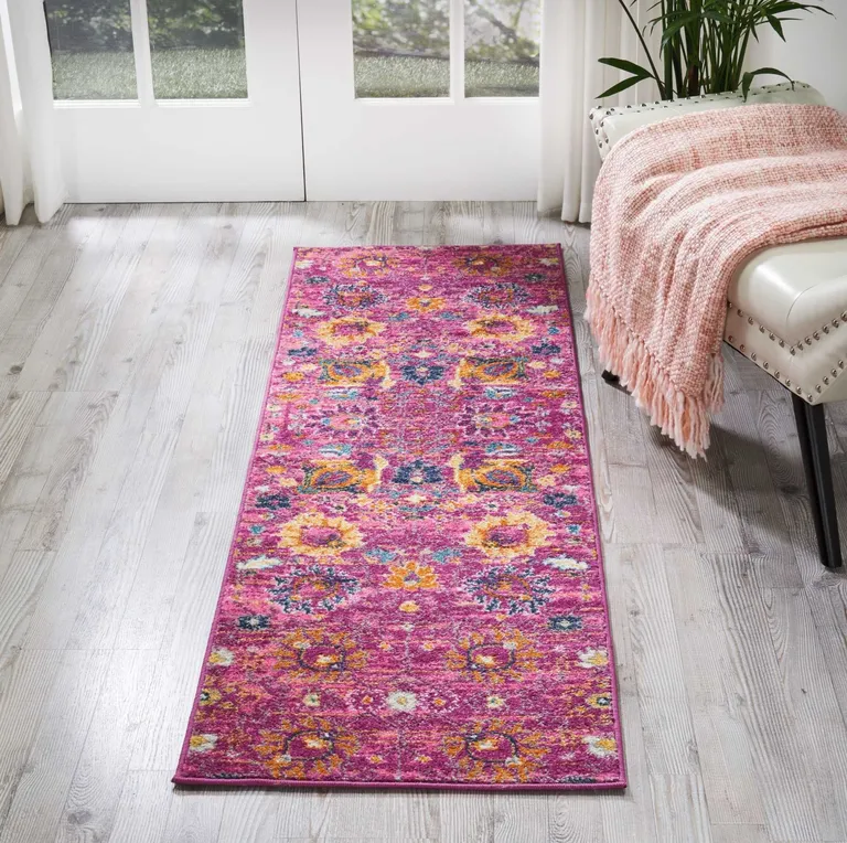 Fuchsia and Orange Distressed Runner Rug Photo 2