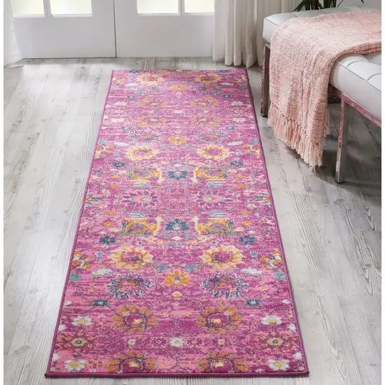 8' Fuchsia Floral Power Loom Runner Rug Photo 5