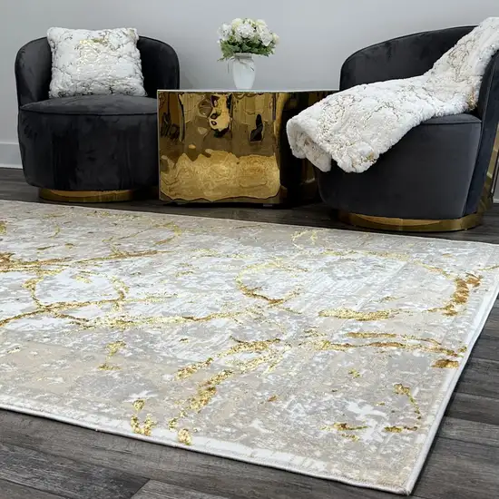 Gold Abstract Area Rug With Fringe Photo 7