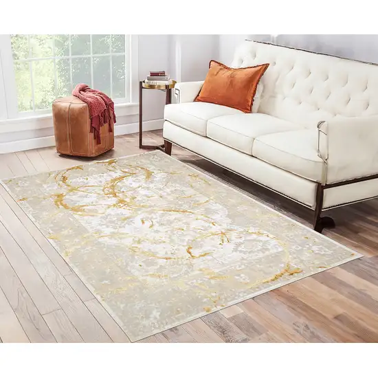 Gold Abstract Area Rug With Fringe Photo 6