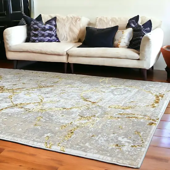 Gold Abstract Area Rug With Fringe Photo 2