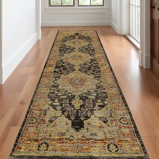 12' Runner Gold and Black Oriental Power Loom Runner Rug Photo 1