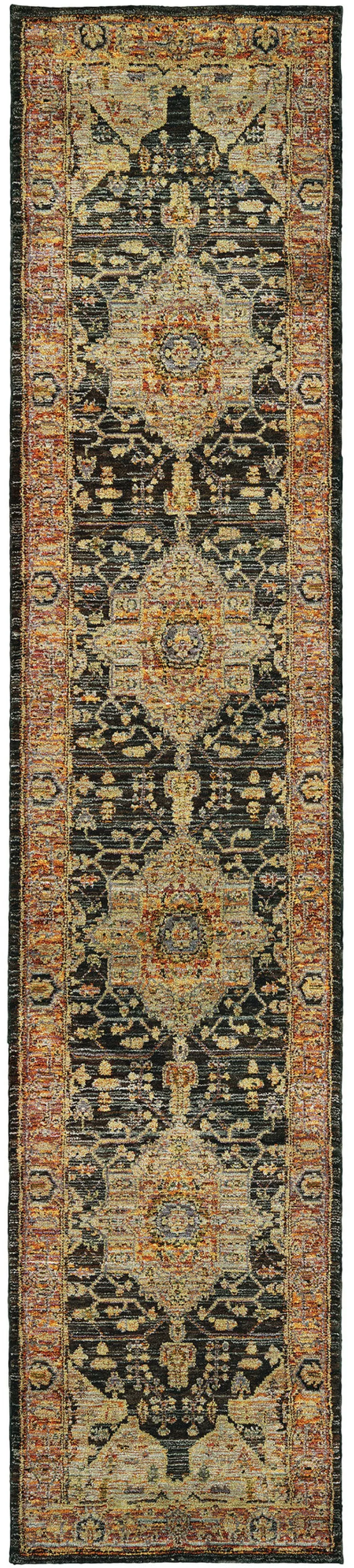 Gold And Black Oriental Power Loom Runner Rug Photo 1