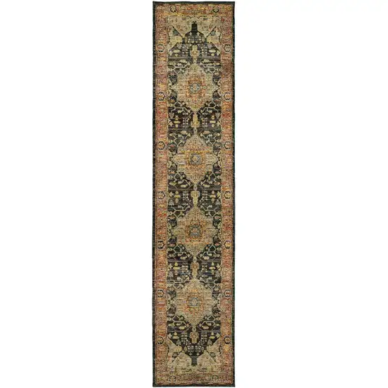 Gold And Black Oriental Power Loom Runner Rug Photo 1