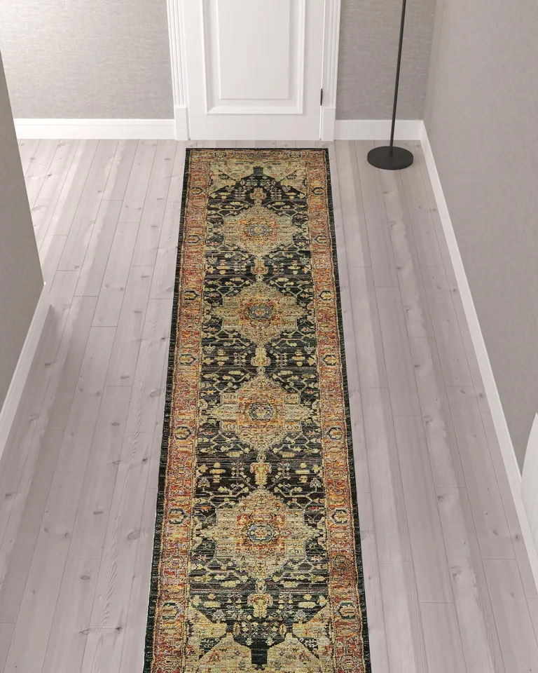 Gold And Black Oriental Power Loom Runner Rug Photo 2