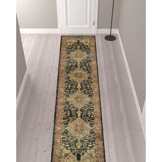 Gold And Black Oriental Power Loom Runner Rug Photo 2