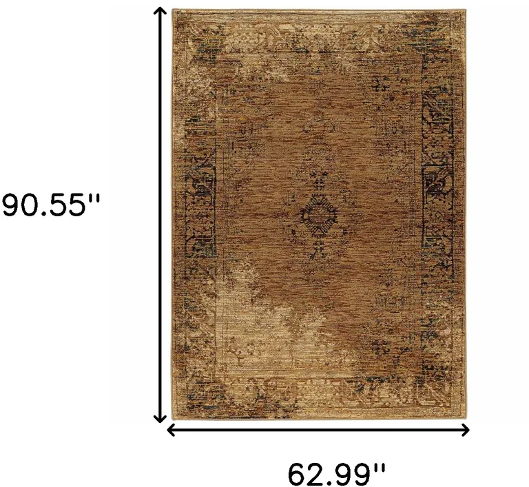 Gold And Brown Oriental Power Loom Stain Resistant Area Rug Photo 4