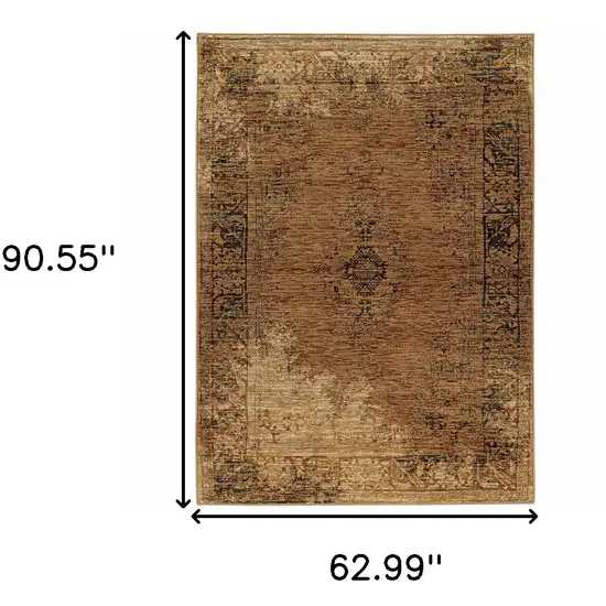 Gold And Brown Oriental Power Loom Stain Resistant Area Rug Photo 4