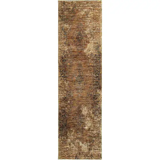 Gold And Brown Oriental Power Loom Stain Resistant Runner Rug Photo 1