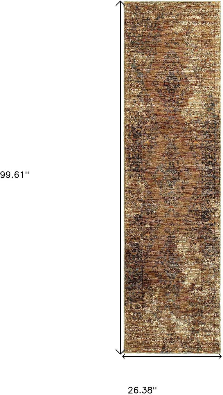 Gold And Brown Oriental Power Loom Stain Resistant Runner Rug Photo 4