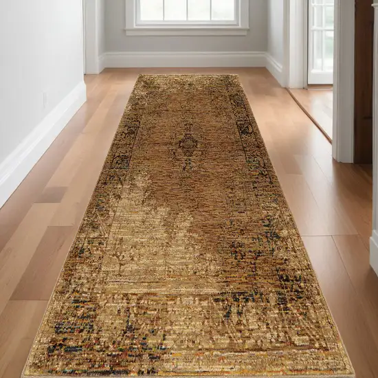 12' Runner Gold and Brown Oriental Power Loom Runner Rug Photo 1