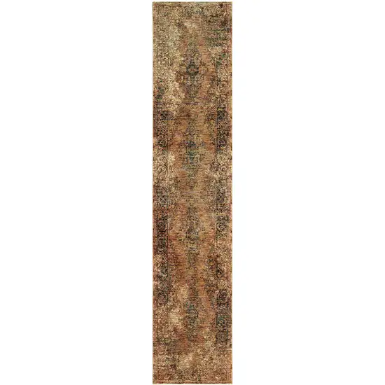 Gold And Brown Oriental Power Loom Stain Resistant Runner Rug Photo 1