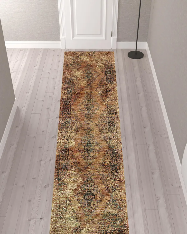 Gold And Brown Oriental Power Loom Stain Resistant Runner Rug Photo 2