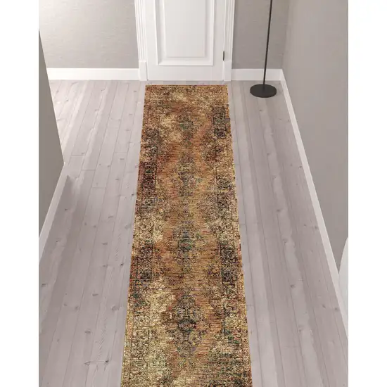 Gold And Brown Oriental Power Loom Stain Resistant Runner Rug Photo 2