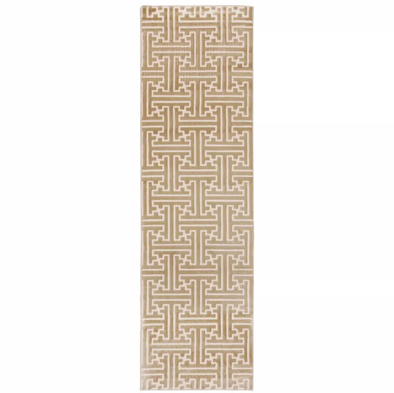 Gold And Ivory Geometric Power Loom Stain Resistant Runner Rug Photo 1