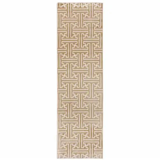 Gold And Ivory Geometric Power Loom Stain Resistant Runner Rug Photo 1