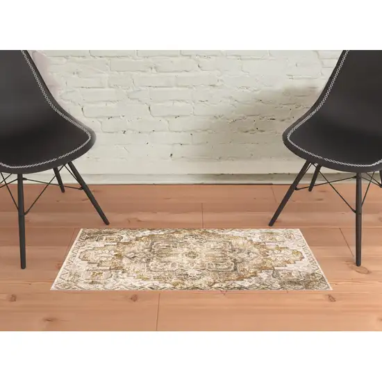 Gold And Ivory Oriental Power Loom Stain Resistant Area Rug With Fringe Photo 2