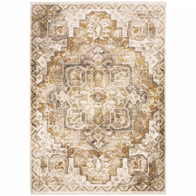 Gold And Ivory Oriental Power Loom Stain Resistant Area Rug With Fringe Photo 1