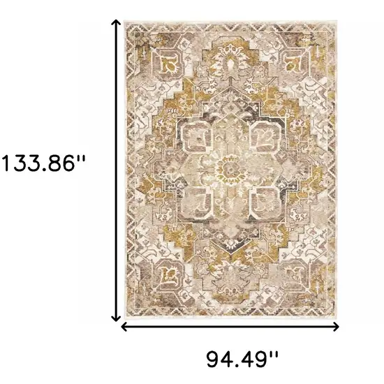 Gold And Ivory Oriental Power Loom Stain Resistant Area Rug With Fringe Photo 3