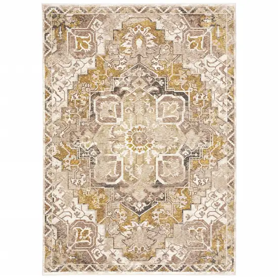 Gold And Ivory Oriental Power Loom Stain Resistant Area Rug With Fringe Photo 1