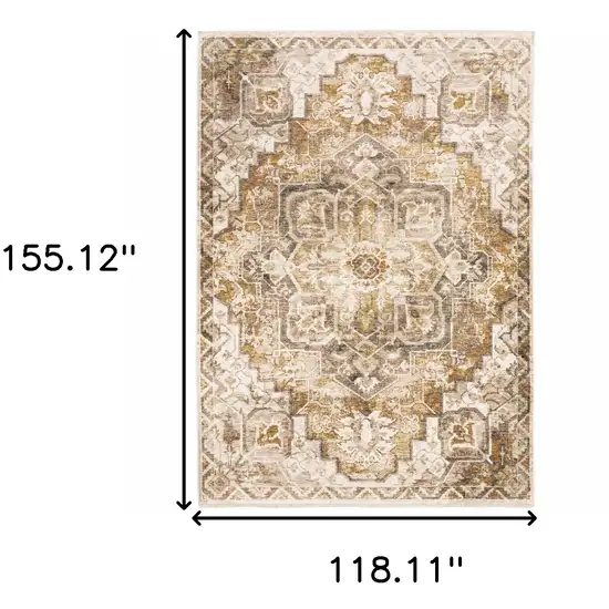 Gold And Ivory Oriental Power Loom Stain Resistant Area Rug With Fringe Photo 3