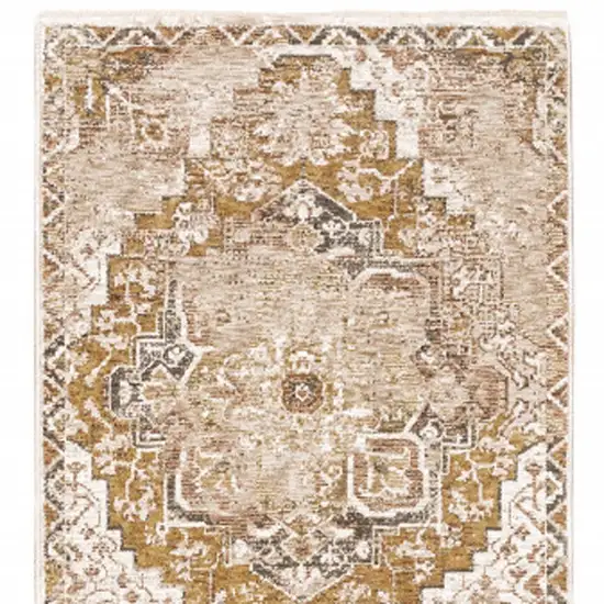 2' X 8' Gold And Ivory Oriental Power Loom Stain Resistant Runner Rug With Fringe Photo 6