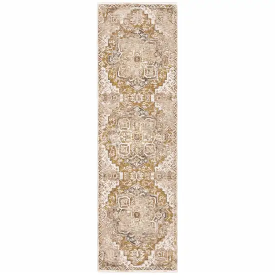 Gold And Ivory Oriental Power Loom Stain Resistant Runner Rug With Fringe Photo 1