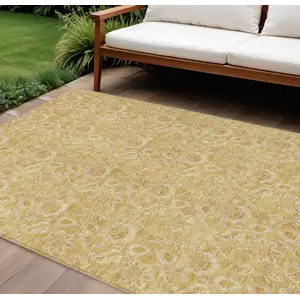 Photo of Gold And Wheat Floral Washable Indoor Outdoor Area Rug