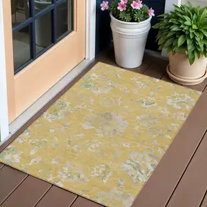 Photo of Gold Beige And Fern Green Floral Washable Indoor Outdoor Area Rug