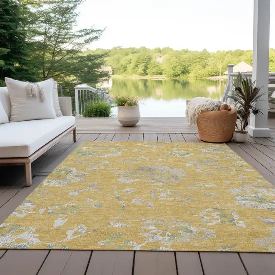 Gold Beige And Fern Green Floral Washable Indoor Outdoor Area Rug Photo 9