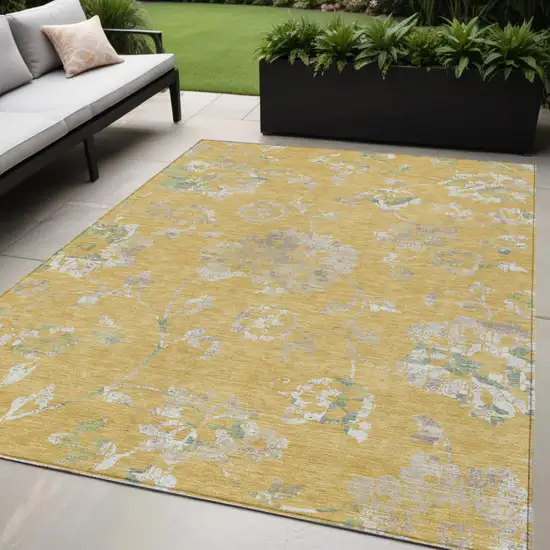 Gold Beige And Fern Green Floral Washable Indoor Outdoor Area Rug Photo 1