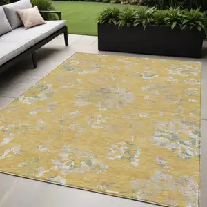 Photo of Gold Beige And Fern Green Floral Washable Indoor Outdoor Area Rug