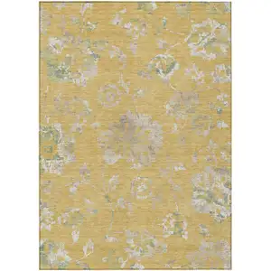 Photo of Gold Beige And Fern Green Floral Washable Indoor Outdoor Area Rug