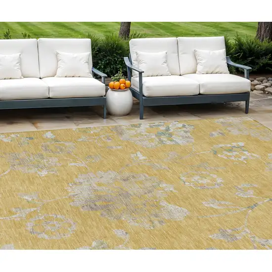 Gold Beige And Fern Green Floral Washable Indoor Outdoor Area Rug Photo 1