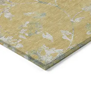 Photo of Gold Beige And Fern Green Floral Washable Indoor Outdoor Area Rug