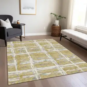 Photo of Gold Beige And Gray Striped Washable Indoor Outdoor Area Rug