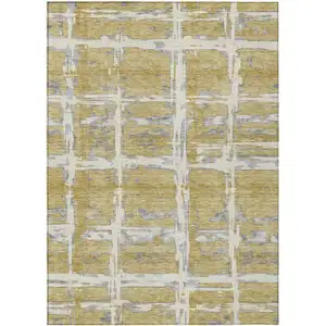 Photo of Gold Beige And Gray Striped Washable Indoor Outdoor Area Rug