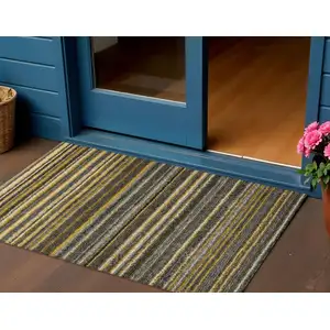 Photo of Gold Beige And Wheat Striped Washable Indoor Outdoor Area Rug