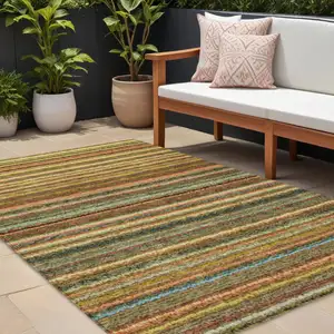 Photo of Gold Beige And Wheat Striped Washable Indoor Outdoor Area Rug