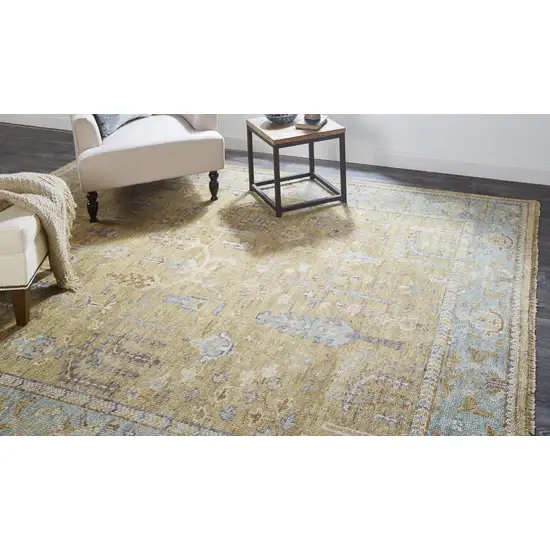 Gold Blue And Gray Wool Floral Hand Knotted Stain Resistant Area Rug With Fringe Photo 7