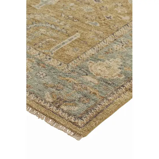 Gold Blue And Gray Wool Floral Hand Knotted Stain Resistant Area Rug With Fringe Photo 5