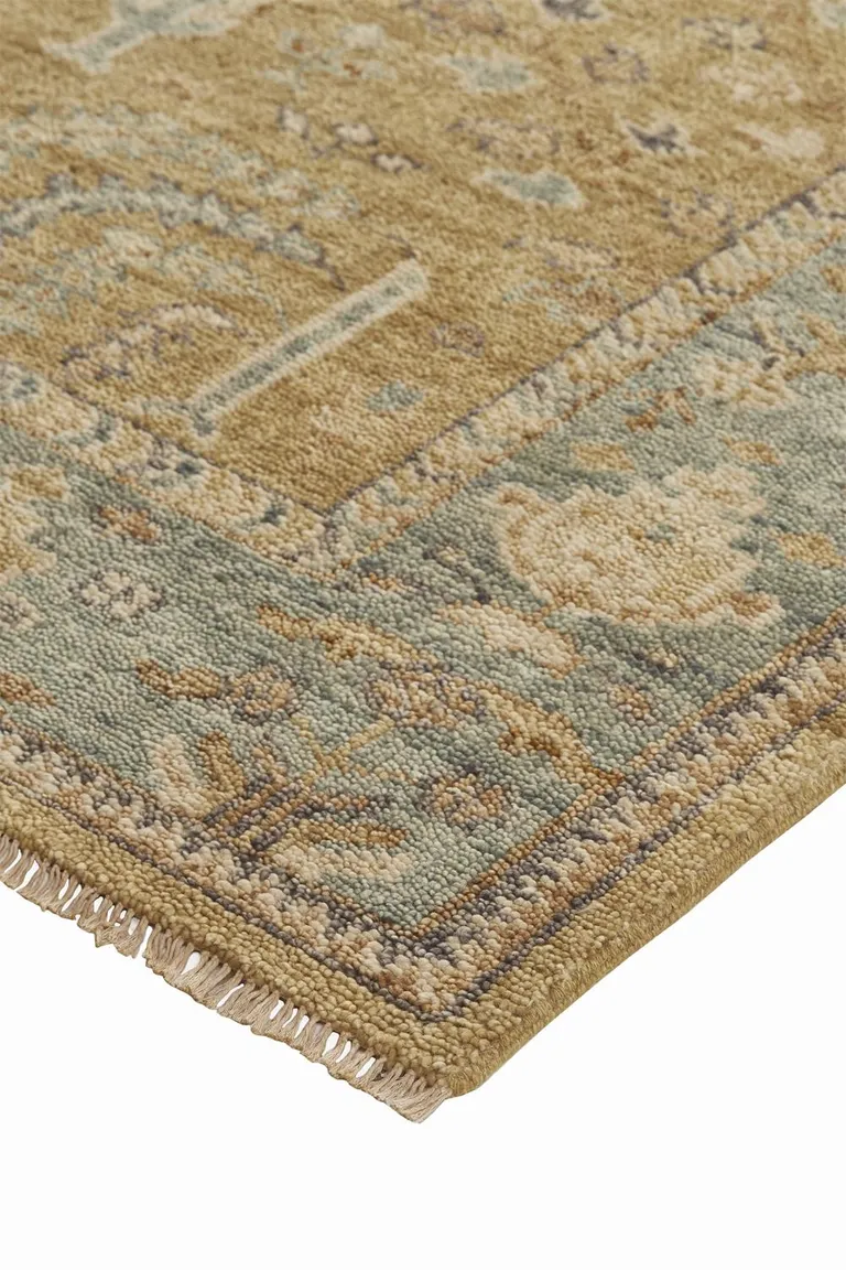 Gold Blue And Gray Wool Floral Hand Knotted Stain Resistant Area Rug With Fringe Photo 5