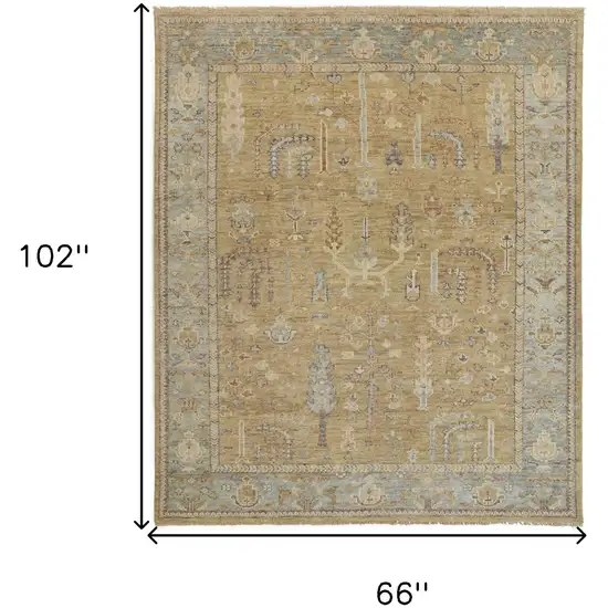 Gold Blue And Gray Wool Floral Hand Knotted Stain Resistant Area Rug With Fringe Photo 9