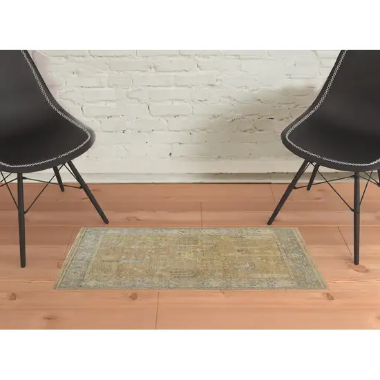 Gold Blue And Gray Wool Floral Hand Knotted Stain Resistant Area Rug With Fringe Photo 3