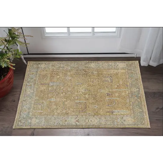 Gold Blue And Gray Wool Floral Hand Knotted Stain Resistant Area Rug With Fringe Photo 1