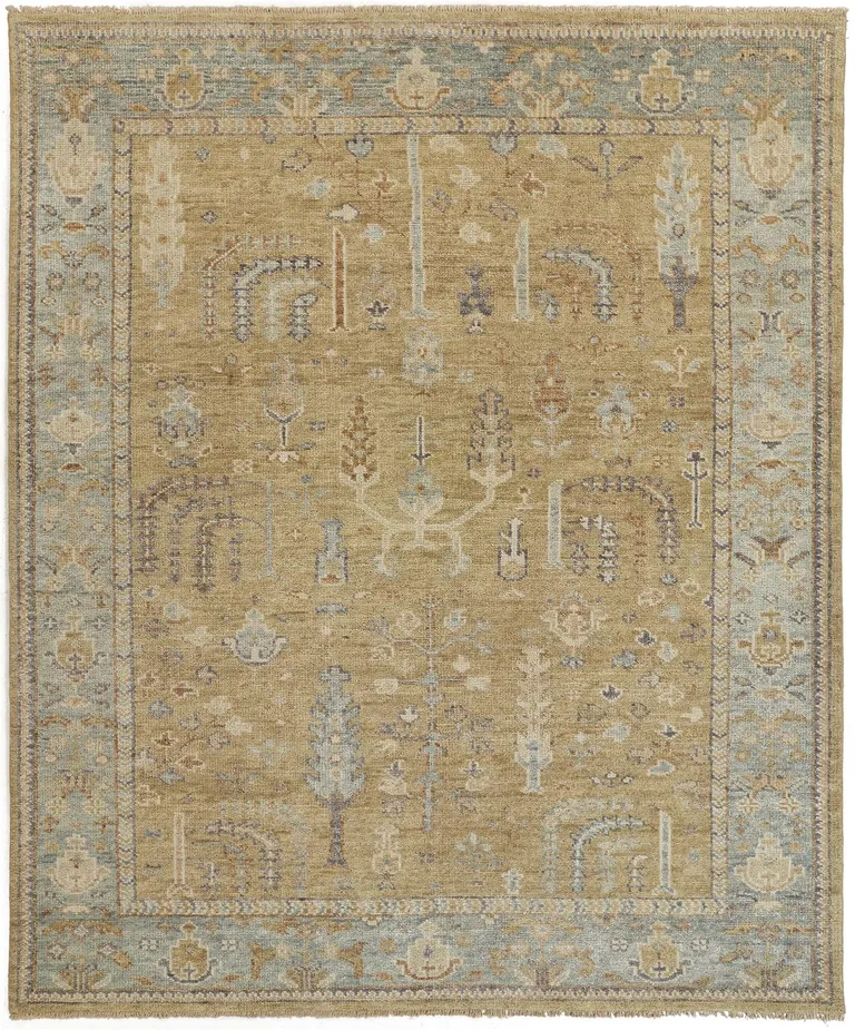 Gold Blue And Gray Wool Floral Hand Knotted Stain Resistant Area Rug With Fringe Photo 1