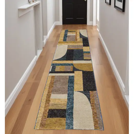 8' Runner Blue and Beige Geometric Power Loom Runner Rug Photo 1