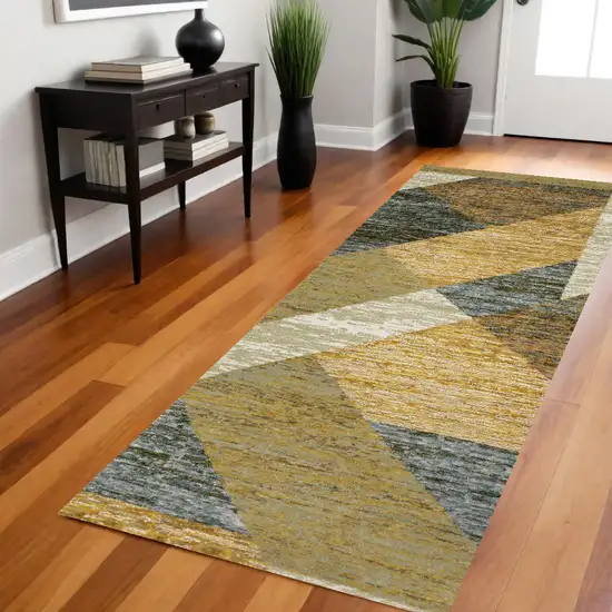 8' Runner Blue and Beige Geometric Power Loom Runner Rug Photo 1